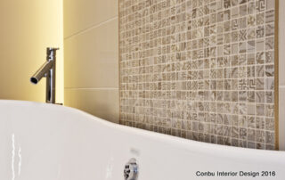 Bathroom with Versace tiles and freestanding bath designed by Conbu Interior Design