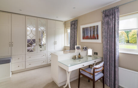 Foxrock Dublin 18 master bedroom suite with custom wardrobes, dressing table, custom curtains